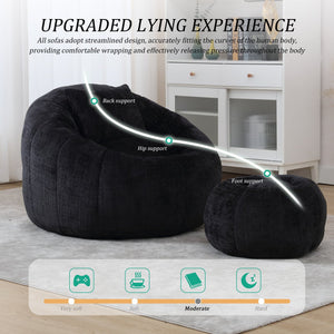 English Elm UNITED Cloud-Luxe Chenille Memory Foam Bean Bag Chair with Ottoman and Pillow for Ultimate Comfort Black W1568P361690