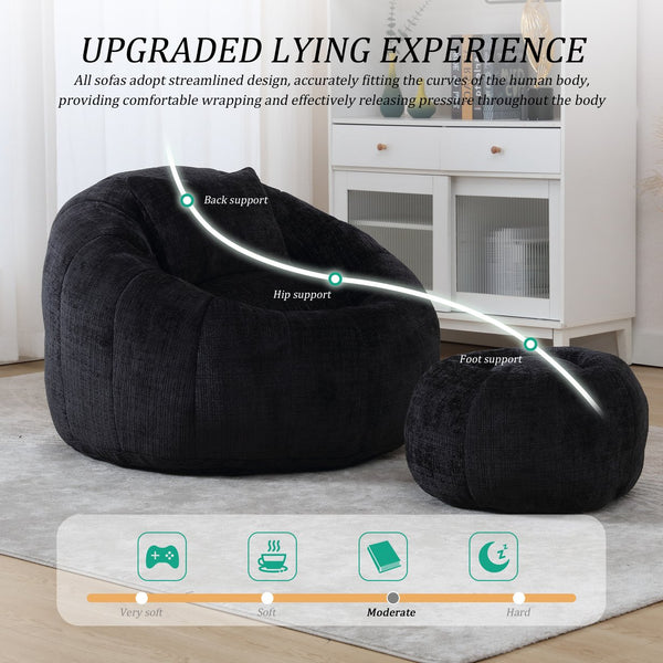 English Elm UNITED Cloud-Luxe Chenille Memory Foam Bean Bag Chair with Ottoman and Pillow for Ultimate Comfort Black W1568P361690
