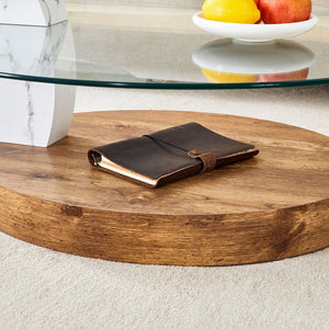 English Elm Contemporary Dual Tier Oval Glass Coffee Table with Marble and Wood Tone Base W1151P233589