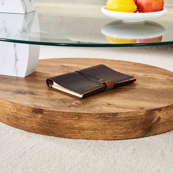 English Elm Contemporary Dual Tier Oval Glass Coffee Table with Marble and Wood Tone Base W1151P233589