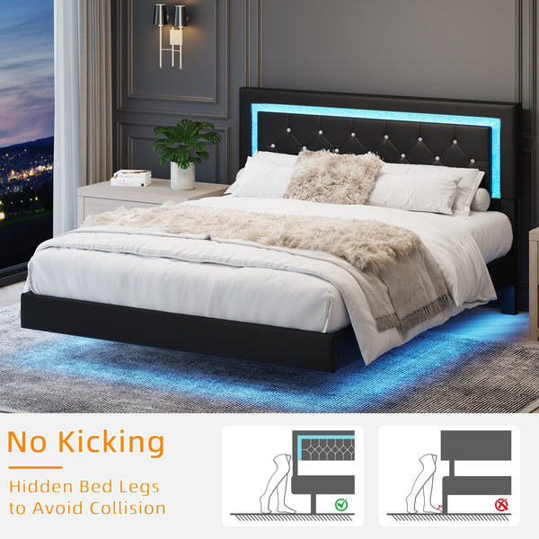 English Elm Queen Platform Bed Pu Leather Tufted Headboard Rgb Led Floating Frame Modern W3107P419201