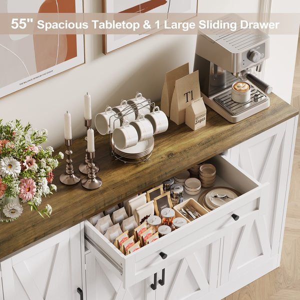 English Elm Buffet Sideboard 55 Inch Farmhouse Credenza with Barn Doors Drawer and Open Shelving White T5618P451110