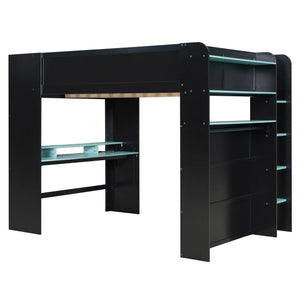 English Elm Full Size Gaming Bunk Bed with Rgb Lighting Integrated Desk Wardrobe and Storage Blue LT100266AAC