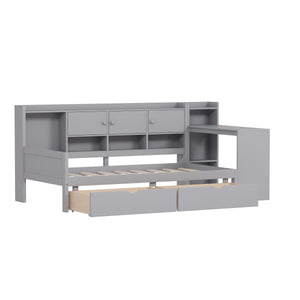English Elm Twin L-Shape Daybed with Storage, 3 Cabinets & 2 Drawers, Built-In Desk Bookshelf, Gray Twin N733S247070E