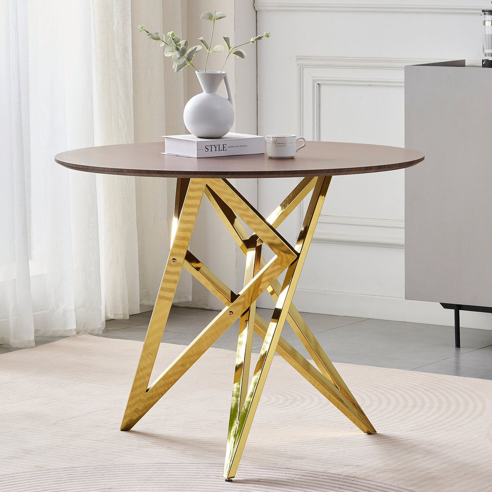 English Elm 37inch Round Walnut Dining Table Polished Golden Steel Legs Seats Four Modern Kitchen W3357P395498