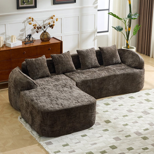 English Elm Beige Chenille L-shaped Sectional Sofa with Chaise Deep Seating and Curved Armrests Brown W3612S00032