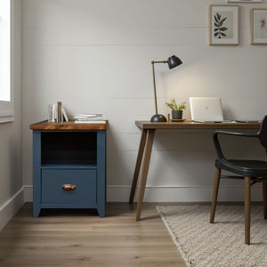 English Elm 22 inch 22 one-drawer file cabinet Blue Denim & Whiskey two-tone farmhouse style fully assembled, versatile storage B108131557