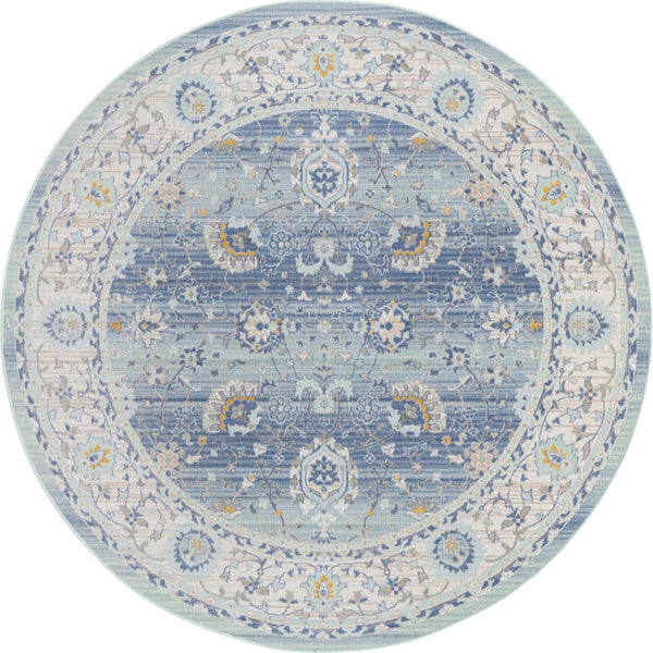 Unique Loom Whitney Bordeaux Machine Made Floral / Botanical Rug French Blue, Ivory/Light Blue/Gold/Gray/Light Green 7' 1" x 7' 1"