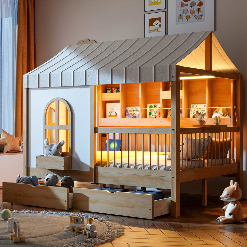 English Elm Full Size Kids House Bed with Led Bookshelf Storage Drawers and Charging Station Natural LP000378AAN