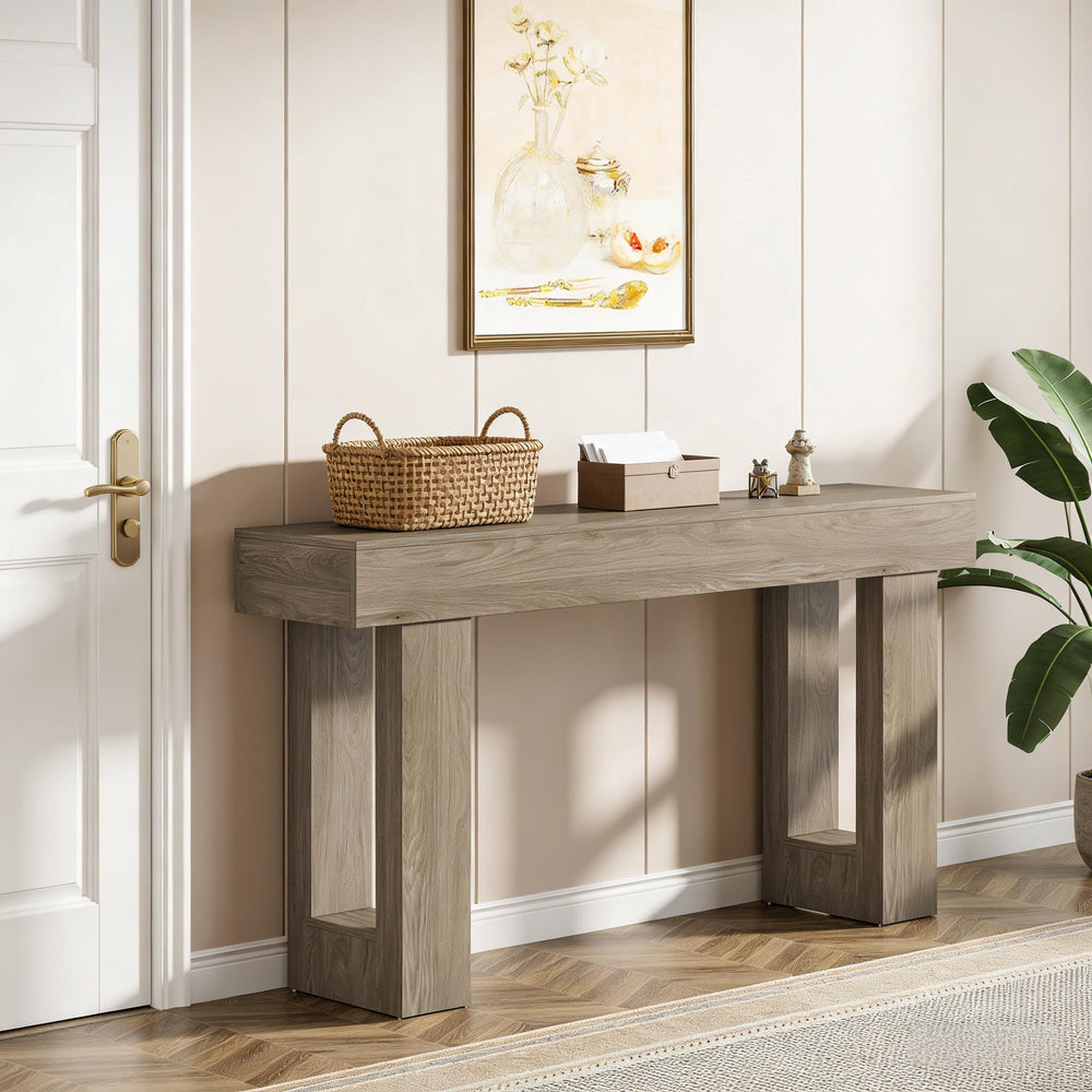 English Elm Practical Geometric Console Table with Matte Black Wood Grain Finish for Entryway or Sofa Gray T3971P451587