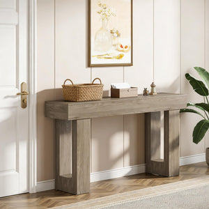 English Elm Practical Geometric Console Table with Matte Black Wood Grain Finish for Entryway or Sofa Gray T3971P451587