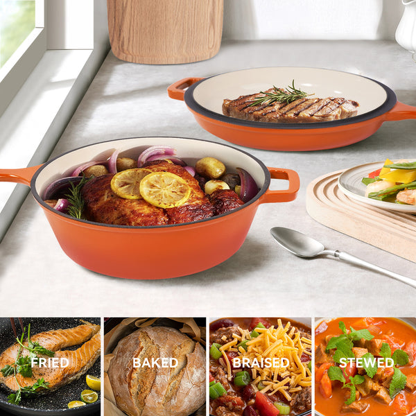 English Elm Enameled Cast Iron Skillets Dutch Oven Set 3QT + 1.5QT – Durable Heat-Retaining, Versatile Cookware Orange T3950P399255