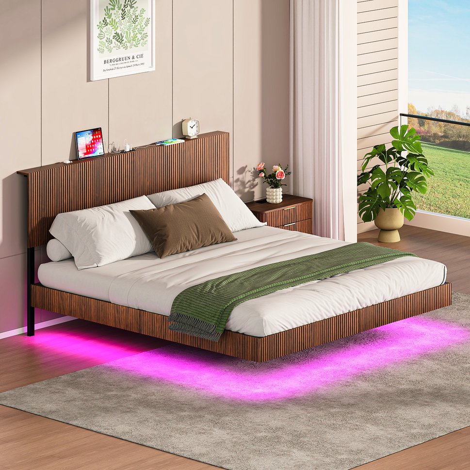English Elm Oak Queen Floating Bed Walnut Finish Wavy Headboard Led Lighting Built in Charging W1820P408090