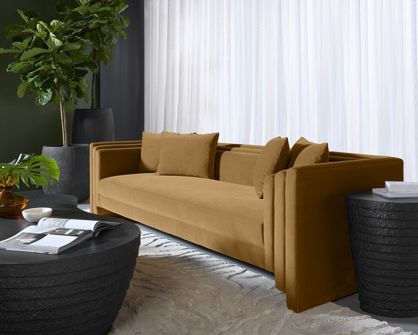 Sunpan Kira Sofa - Modern Elegance with Soft Geometric Lines, Durable Performance Fabric, Handcrafted Comfort Meg Gold