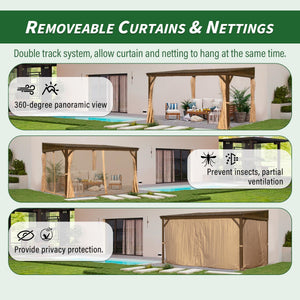 English Elm 10x14FT Lean to Gazebo with Metal Roof, Hidden Gutter System, Curtains & Netting, Heavy-Duty Steel Exterior W1859S00130