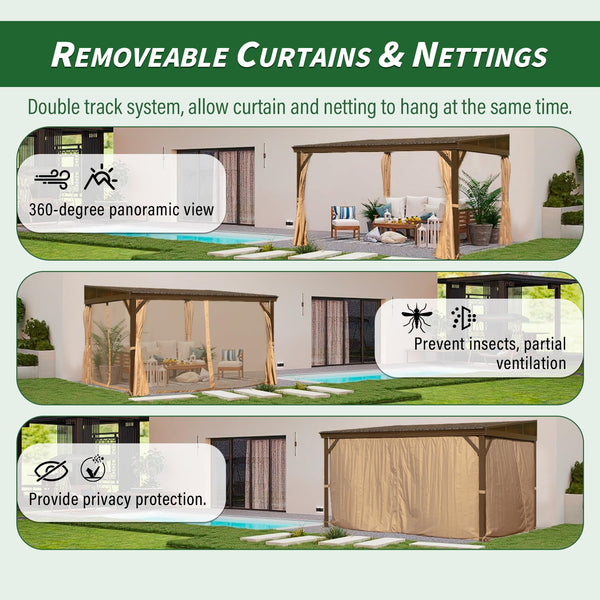 English Elm 10x14FT Lean to Gazebo with Metal Roof, Hidden Gutter System, Curtains & Netting, Heavy-Duty Steel Exterior W1859S00130