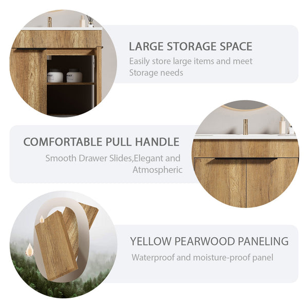 English Elm 30 Inch Floating Bathroom Vanity Fluted Wood Grain Front with Ceramic Integrated Sink W3520S00046