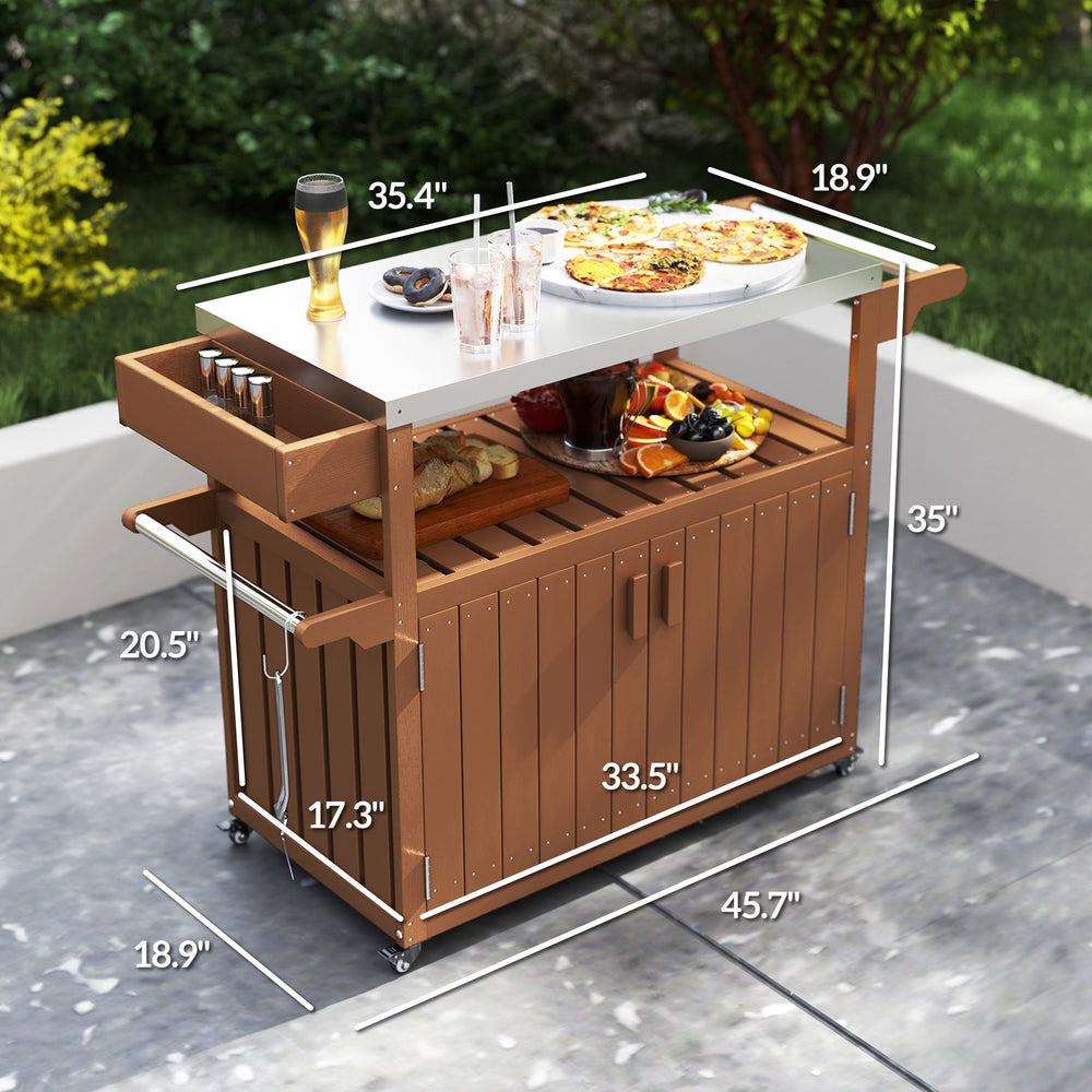 English Elm Convenient Outdoor Rolling Bar Cart with Stainless Steel Top and Hdpe Weather-proof Frame Brown,Silver T3971P425241