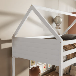 English Elm Twin House-Style Twin Bunk Bed With Safety Guardrails, Ladder & Play Space – White Rubberwood Design W504P227972-GIGA