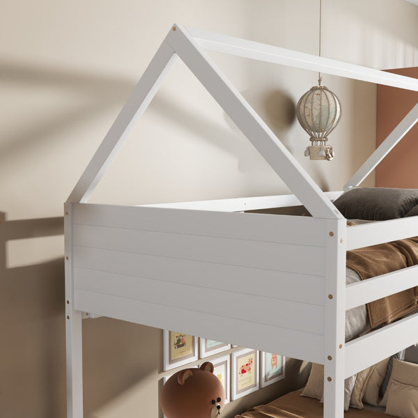 English Elm Twin House-Style Twin Bunk Bed With Safety Guardrails, Ladder & Play Space – White Rubberwood Design W504P227972-GIGA