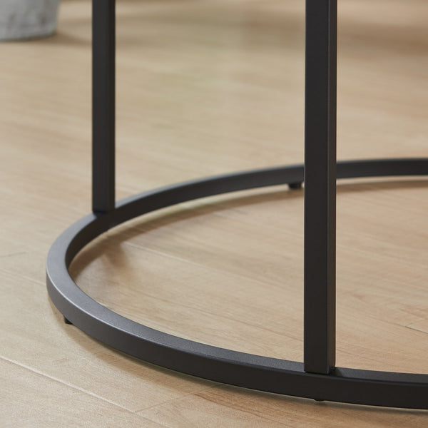 English Elm 31.5" Round Oak Finish Coffee Table Matte Black Steel Base for Modern Living Rooms Gray W3151P352762