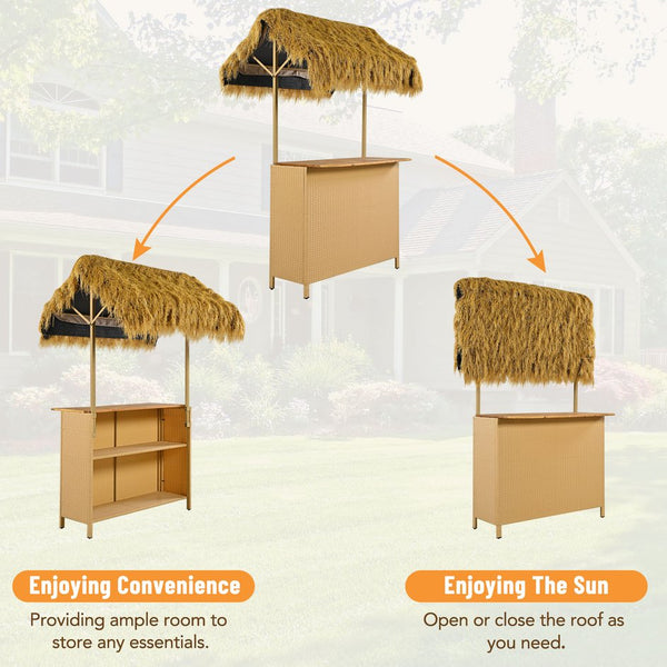 English Elm Go Tropical Tiki Bar Patio Set Acacia Wood Top Pe Wicker Stools with Grass Canopy WF530958AAA