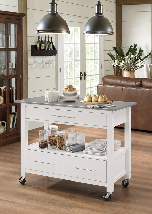 English Elm Ottawa Stainless Steel Top Kitchen Cart with 3 Drawers, Open Shelf, Locking Casters, 70lb Top B2726P272330
