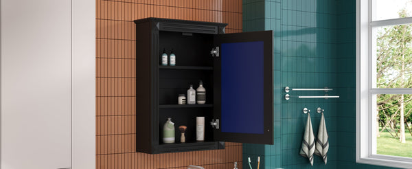 English Elm 20" Medicine Cabinet with Mirror — Space-Saving Wall-Mounted Bathroom Storage with Adjustable Shelf, Modern Carved Design Black N710P317680B