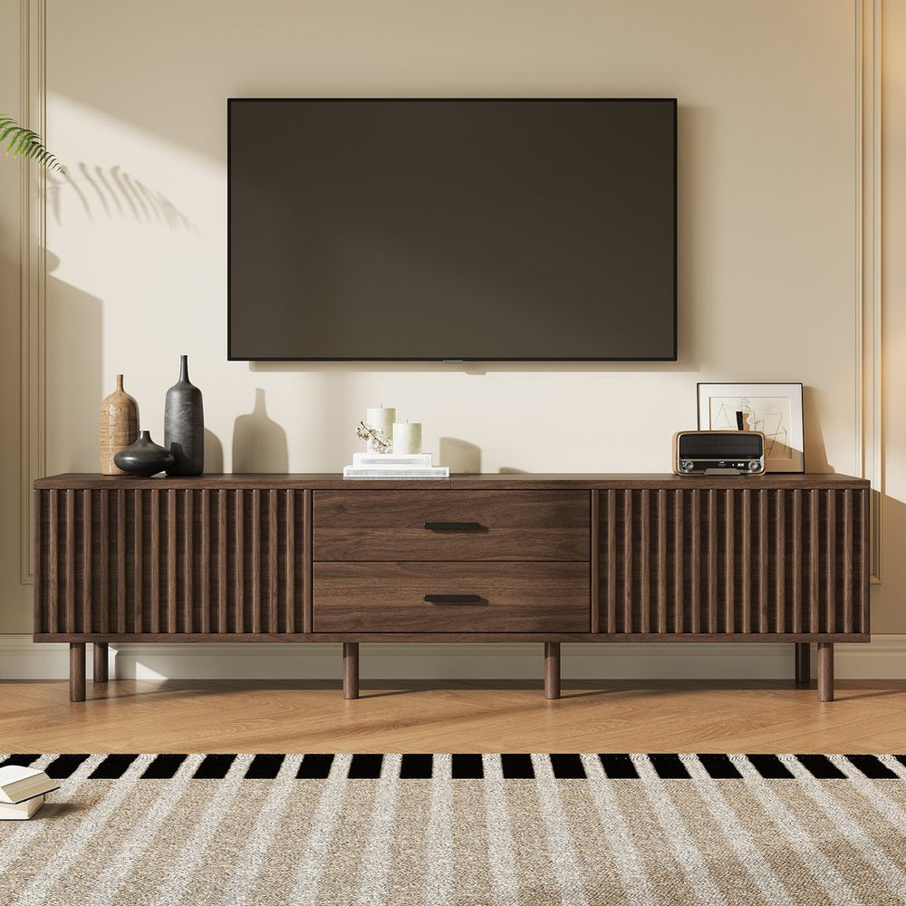 English Elm 70inch Rattan Door Media Console with Iron Legs Natural Wood Finish Living Room N710P429516Q