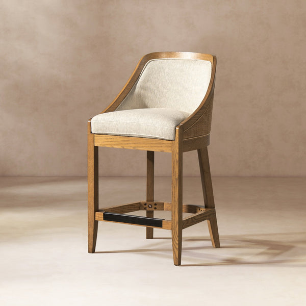 English Elm Jennifer Taylor Home - Charleston 27" Oak Counter Stool with Cane Back & Performance Fabric, Taupe Beige, Durable Comfort B2719P372713