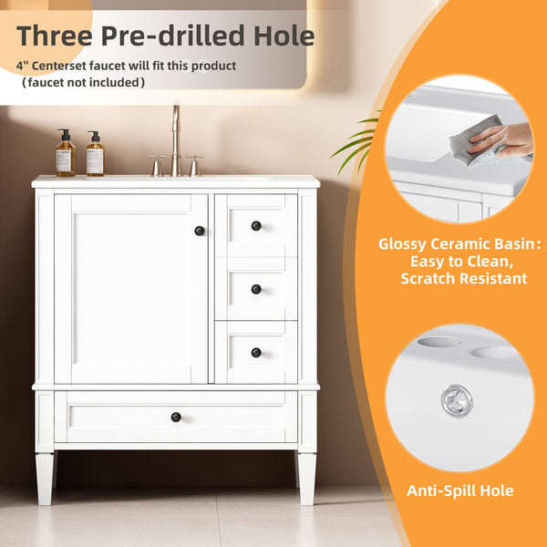 English Elm 30 30 Inch Bathroom Vanity with Ceramic Sink, Modern Compact 3-Drawer Storage Cabinet for Small Baths White N710P247499K