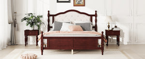 English Elm Queen Pine Wood Bed Upholstered Headboard Panel Footboard Classic Cherry Finish W504P181801