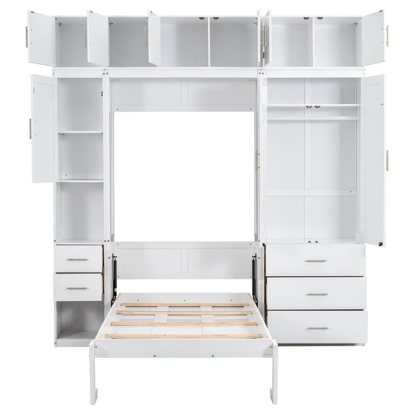 English Elm Twin Murphy Bed with Lockers & Wardrobes White — Space-Saving Foldaway Cabinet Bed w/ Shelves, Drawers and Video Guide GX000391AAK