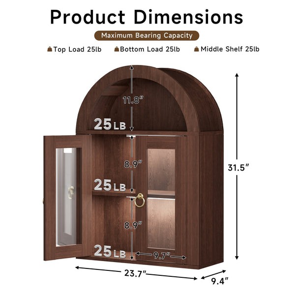 English Elm Wall Mounted Arched Cabinet Tempered Glass Doors Led Lighting Adjustable Shelves Bathroom Brown T3210P471553