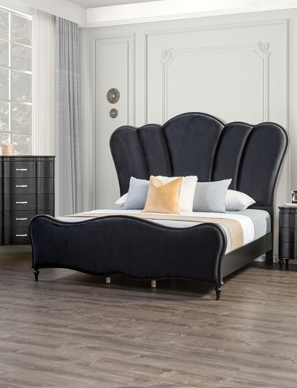 English Elm Lovely Art Deco 3pc Queen Bedroom Set with Light Gray Padded Channel Headboard and Oak Veneer Accents Black 80 L x 53 W x 6 H B2741S00201