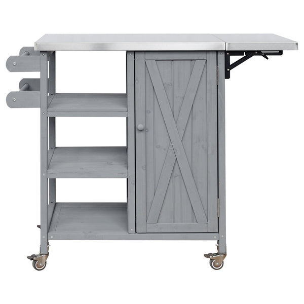 English Elm Foldable Outdoor Kitchen Cart with Stainless Worktop Fir Wood Frame and Lockable Wheels Grey N719P380281K