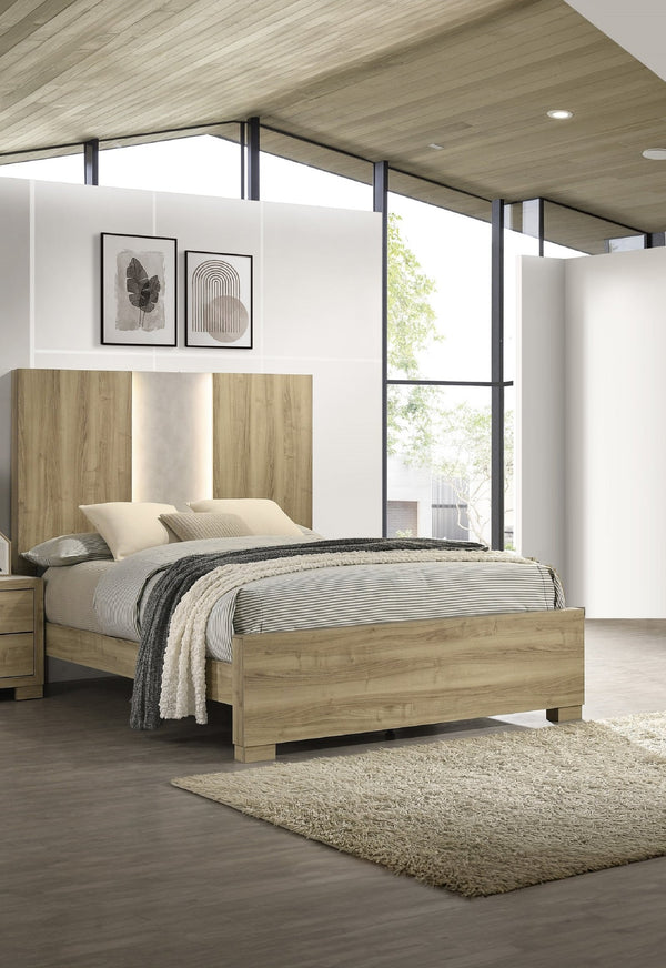 English Elm 1Pc Contemporary King Panel Bed With Ambient Lighting In Driftwood Finish For Modern Bedrooms B2741S00319