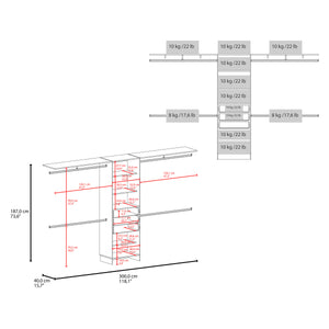 English Elm Plego Adjustable 69"-118" White Closet System with 5 Shelves, 4 Rods & 3 Drawers — MDF Build B200S00419