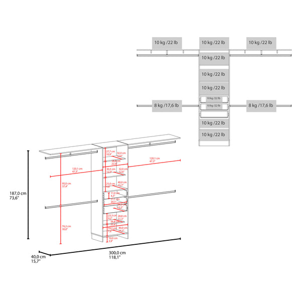 English Elm Plego Adjustable 69"-118" White Closet System with 5 Shelves, 4 Rods & 3 Drawers — MDF Build B200S00419