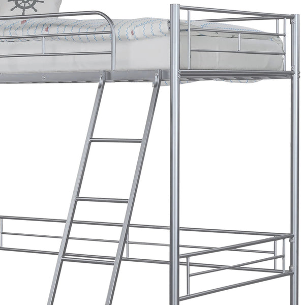 English Elm Twin Modern Loft Bed with Built-In Ladder for Space-Saving Study, Storage or Play Area, Metal Frame Silver 81 L x 14 W x 8 H B2741P348864