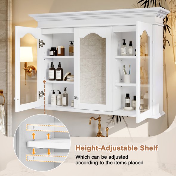 English Elm 40" Medicine Cabinet with Mirror, 6 Adjustable Shelves, Wall-Mounted Bathroom Organizer, White Modern Design N710P264317K
