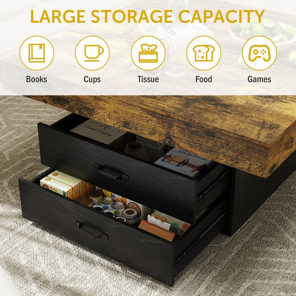 English Elm Coffee Table Square Led Lit Engineered Wood Farmhouse Design with Storage Drawers Black W1550P317687