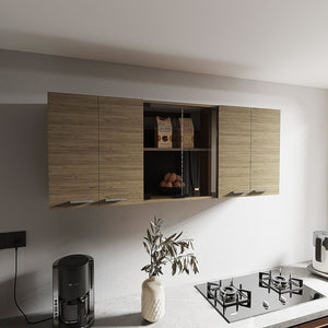 English Elm Superior Modern 150 Wall Cabinet Oak with Glass Doors, 4 Shelves, Dish Rack, Metal Handles, Locking Pin B200P286978
