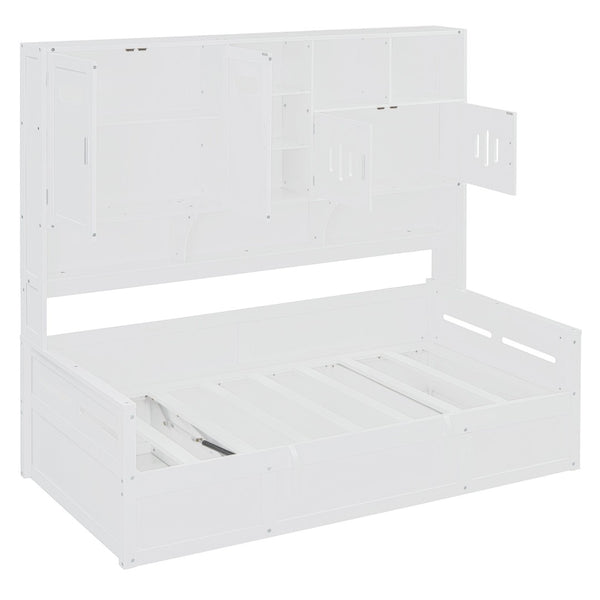 English Elm Twin Size Wooden Daybed With Hydraulic Lift & Integrated Cabinet For Smart Space-Saving Solutions N820S00046K-GIGA