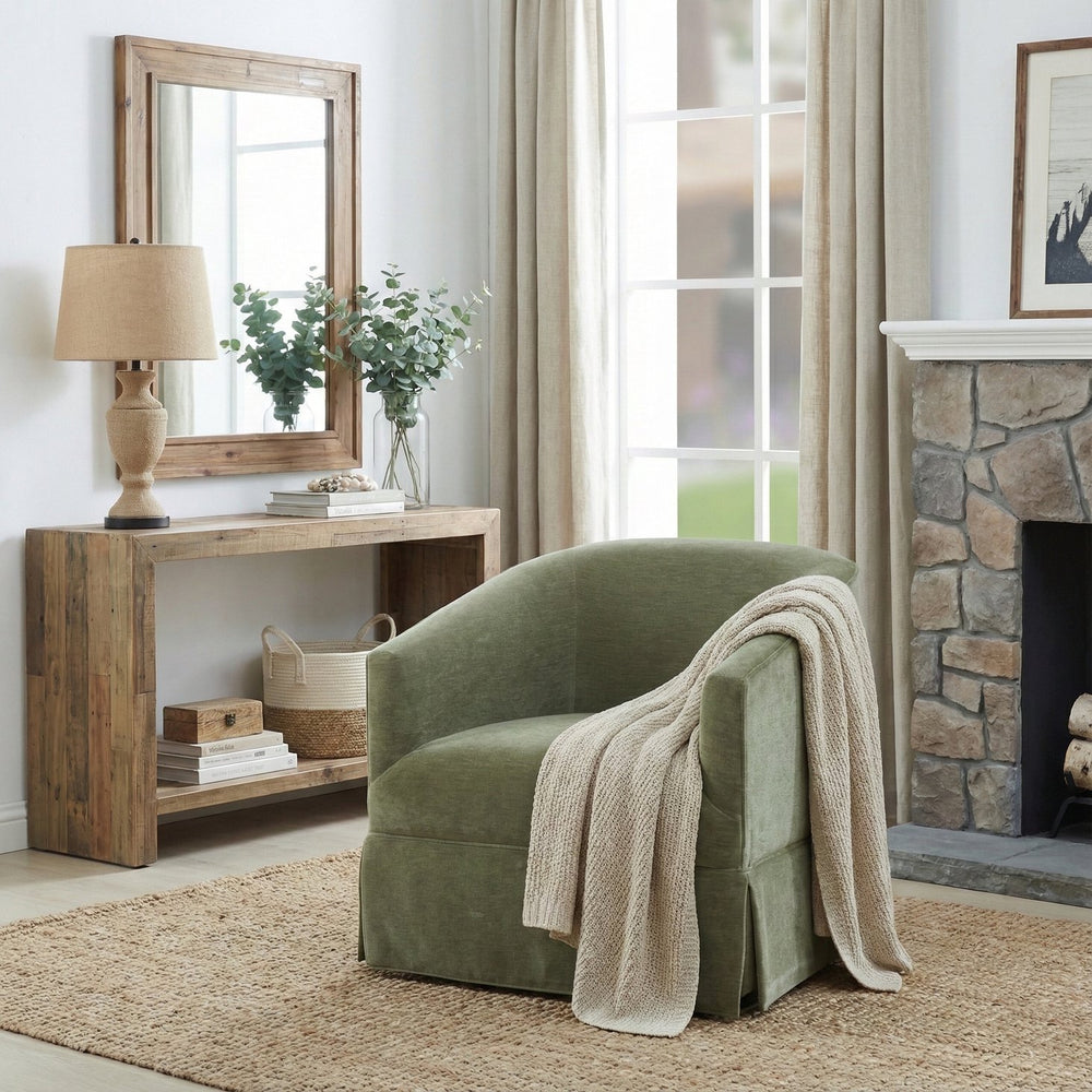 English Elm Earl Barrel Back Swivel Accent Chair Polyester Upholstered Tailored Skirted Base Green B050P429146