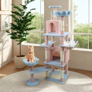 English Elm 71 Inch Floral Cat Tower with Condo Hammock Sisal Posts and Plush Perches for Large Breeds Blue W243P326628