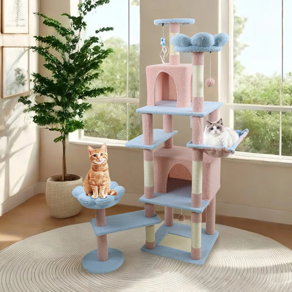 English Elm 71 Inch Floral Cat Tower with Condo Hammock Sisal Posts and Plush Perches for Large Breeds Blue W243P326628