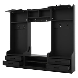 English Elm 4-in-1 Hall Tree with Bench, 7 Hooks, 2 Cabinets & 4 Drawers for Entryway Storage and Seating Black W1580S00089