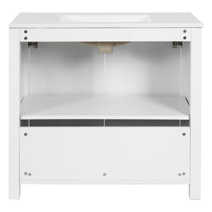 English Elm 36" Bathroom Vanity Organizer with Ceramic Sink, Solid Wood Distressed Finish, Hand-Painted Charm and Ample Storage Antique White N729P255666K