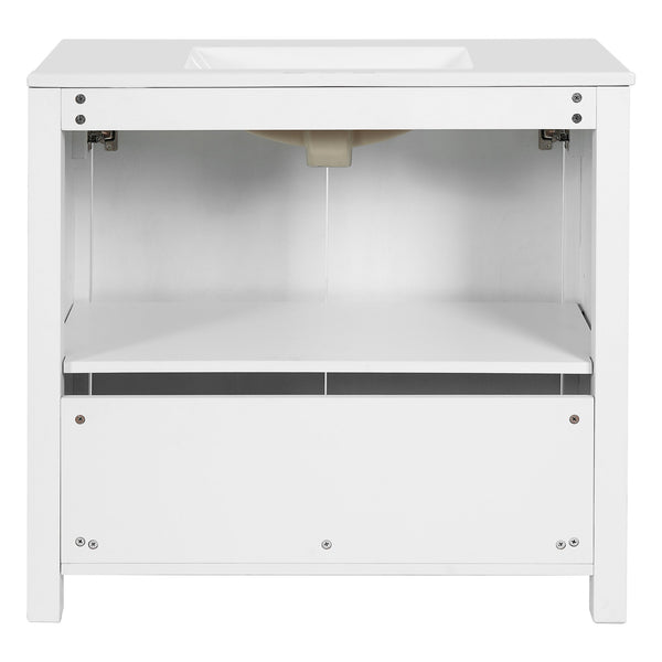 English Elm 36" Bathroom Vanity Organizer with Ceramic Sink, Solid Wood Distressed Finish, Hand-Painted Charm and Ample Storage Antique White N729P255666K
